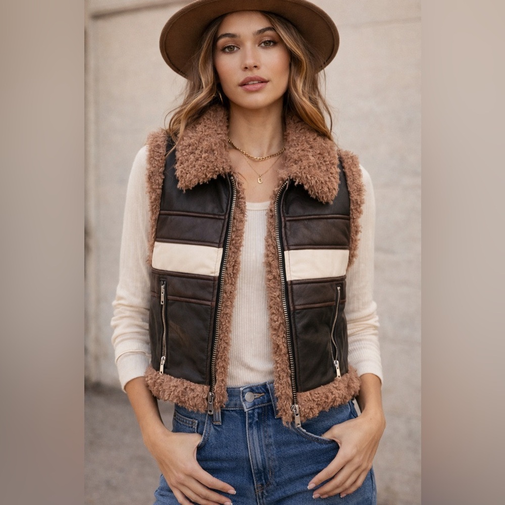 Cali 1850 Faux Shearling Moto Vest Brown & Cream Boho Western Women’s Size Med
